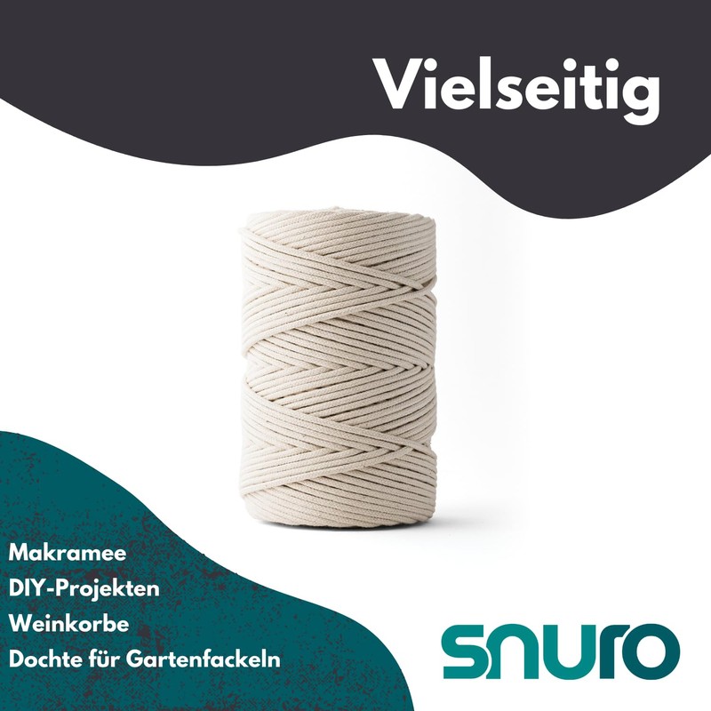 SNURO Cotton Rope (3 mm, 160 m, Natural) for Crochet