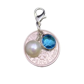 Silver Sixpence Bridal Charm | Something Blue and Pearl | Bouquet Charm for Bridal Shower | (Random)