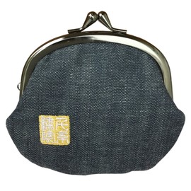 [Senitosuin] Nishijin Textile Gold Brocade Purse 3.5 Inch Round Wallet/Coin Purse (with Lining), Denim