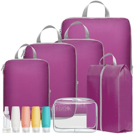 Cambond Compression Packing Cubes for Suitcases - 7 Set Packing Cubes for Travel Expandable Luggage Packing Organizers with Shoe Bag, Makeup Bag and TSA Approved Travel Bottles Set (Purple)