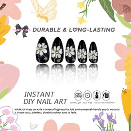 Press on Nails Medium Almond MABKJLF Embossed Fake Nails Cute Daisy False Nails with Designs Gold Foil Black & White Glossy Glue on Nails Acrylic Nails for Women Girls 24Pcs
