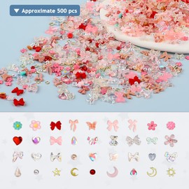 Bewudy Pack of 500 Mixing Nail Charms Decorations, 3D Nail Decorations, Resin, Cute Manicure Accessories, Flower Bows Hearts for Nail Art, Decoration, Nail DIY (Pink)