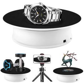 Inovat 8 Inch White Motorized Rotating Display Stand Velvet Top Photography Turntable for Jewelry Model Trinket Product Displaying (Battery Operated, 10LB Load)
