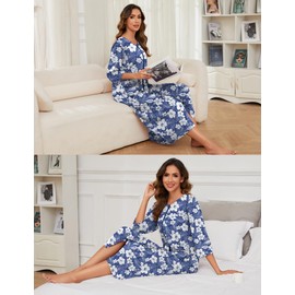 Bloggerlove Womens Robes Lightweight Long Sleeve Bathrobes Long Zipper Front Nightgown with Pockets Print Loungewear