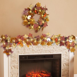 RICHMYC Fall Maple Leaves Garland, 6 Ft Fall Garland with Lights Pumpkins Pine Cones Berries for Mantle Home Thanksgiving Fireplace Table Indoor Outdoor Porch Decor