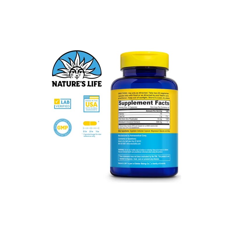 Nature's Life Monolaurin Plus Zinc 936 Mg 90 Cápsulas
