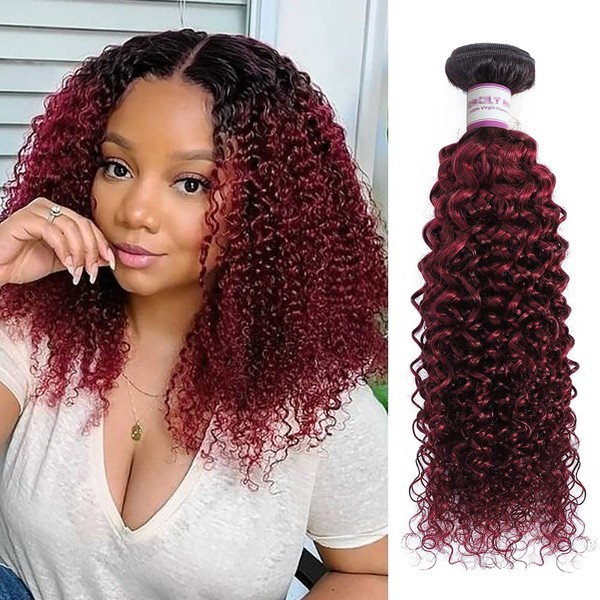 Ombre Burgundy Brazilian Curly Hair 1 Bundle, 100% Unprocessed Human Hair Bundle Deals Black to Dark Red Kinky Curly Hair Extensions 1B 99J Ombre Hair (18")