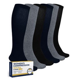 Pembrook - Calcetines de compresión ligeros para mujer, 6 pares, calcetines de compresión de algodón de 8 a 15 mmHg, soporte de circulación, Negro Gris Azul Marino, M