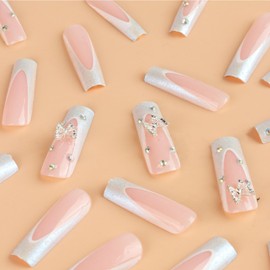WAFOLOZE Square Press on Nails Long Fake Nails Coffin Nails Press ons,False Nails with Alloy Butterfly Nail Charms&Rhinestones Designs White French Tip Nails Artificial Nails Stick on Nails For Women