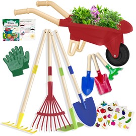 Qtioucp Kids Gardening Tools Outdoor Toys Set Backyard Play with Wheelbarrow Educational STEM Learning Pretend Toys Outdoor Indoor for Toddlers Kids Boys Girls (Red Wheelbarrow Set)