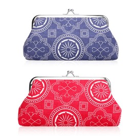 Oyachic 2 Packs Large Coin Purse with Kiss Lock Clasp Canvas Cash Make Up Bag Vintage Pouch Change Holder for Girls and Women (red+Blue)