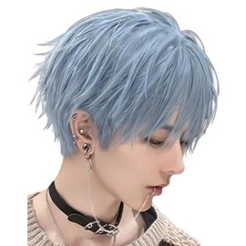 Sofeiyan Men's Wig, Short Hairpiece, Blue, Harajuku, Cool, Handsome, Full Wig, Natural, Small Face, Heat Resistant, Popular, Cosplay, Unisex, Daily Use, Wig Net Included (Greish Blue)