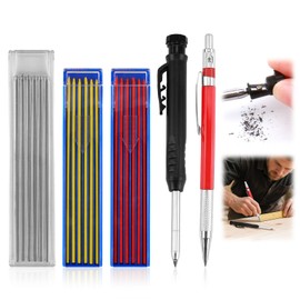 Deep Hole Marker Pencil Set, Drill Hole Marker Mechanical Pencil, 32 Leads, 2 Pieces, Deep Hole Woodworking Pencils with Built-in Sharpener, Carpenter's Pencil for Architect Construction (Black, Red