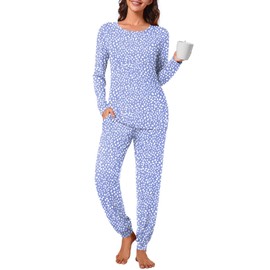syoss Womens Pajama Set Long Sleeve Sleepwear Fall Round Neck Nightwear Soft Pjs 2 Piece Lounge Sets with Pockets L, Spotted Blue
