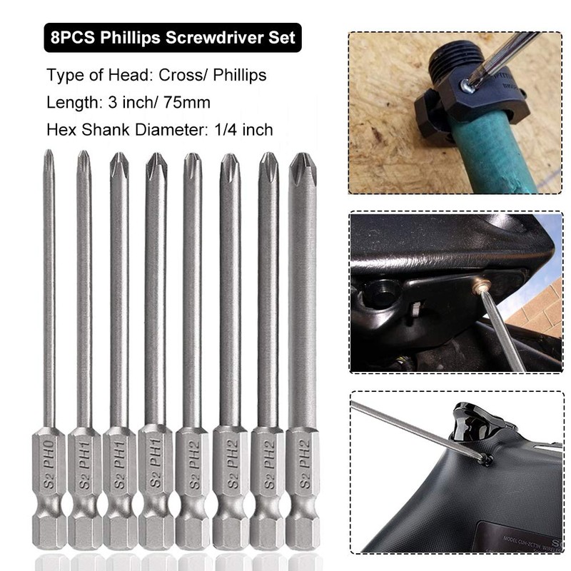 Saipor 8-Piece 75 mm Long Phillips Screwdriver Bits Set S2