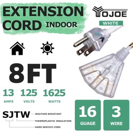 YOJOE 3-Outlets Indoor Outdoor Extension Cord with Lighted End, 3 Prong 13A Weatherproof Power Cord, 16 Gauge Heavy Duty 8 ft White Extension Cord Multiple Outlets, 16/3 SJTW UL Listed