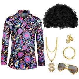 Mens 70s 80s Disco Costume Set Wigs Hairpieces Hippie Accessories Set Funky Afro Wig Sunglasses Necklace Theme Party Cosplay