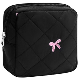TUCEWP Small Makeup Bag Quilted Travel Cosmetic Organizer Bag Black Square Pouch with Zipper Cute Bow Preppy Portable Toiletry Bag for Purse Aesthetic Mini Storage Bag for Women Girls Mama Gift