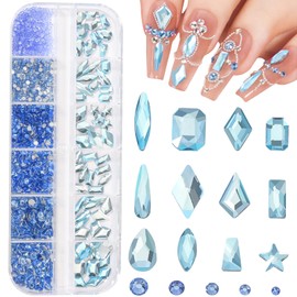 DZHILHMX Nail Rhinestones - 3D Multi Shape Size, Aquamarine Crystals, Flat Back, Gems Rhinestones, for Nail Art