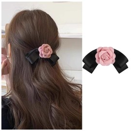Erimberate Retro Camellia Ribbon Bow Hair Clips Velvet Bow Hair Clip Barrette Pink Camellia Flower Hair Clip Barrettes Pink Camellia Bow Hair Clip Bow Winter Decorative Hair Accessories for Women