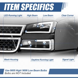 Auto Dynasty 4PCS LED DRL Headlight Lamps Compatible with Chevy Silverado Avalanche 1500 2500 3500 03 04 05 06 / Chevy Silverado Classic Models 07, Driver and Passenger Side, Black Housing Clear Lens