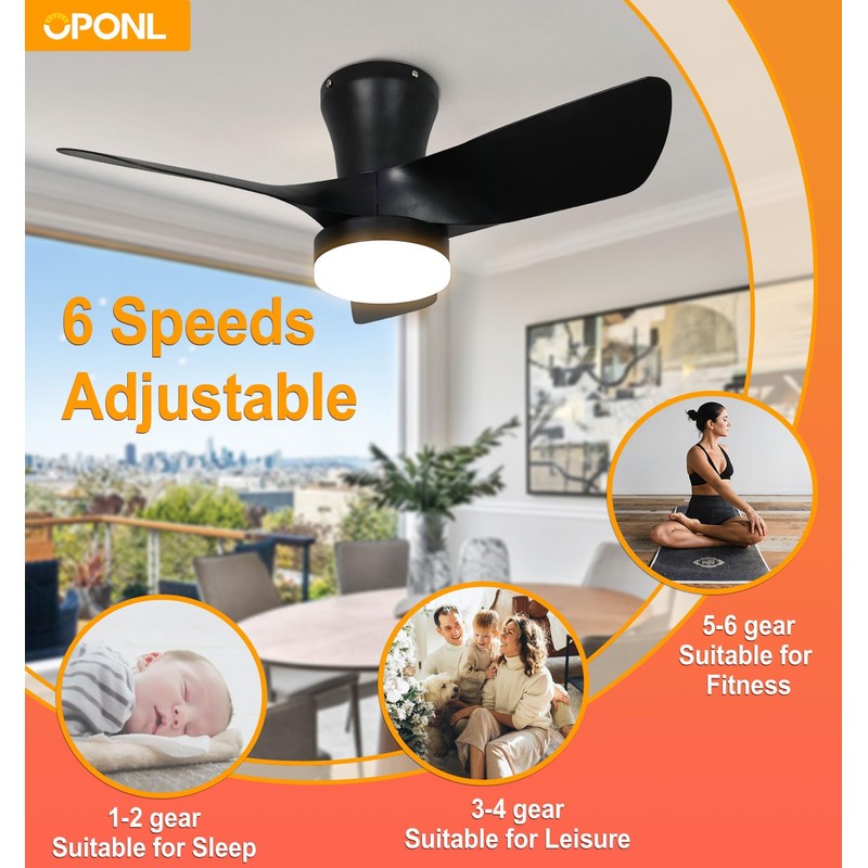OPONL Black Ceiling Fan with Light 30inch, Large Air Volume,