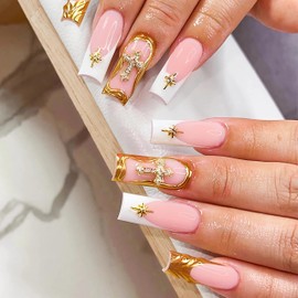 BABALAL Square Press on Nails Long Fake Nails Gold Glue on Nails Luxury Cross Charm Goth Design Acrylic Nails 24Pcs Squoval False Nails