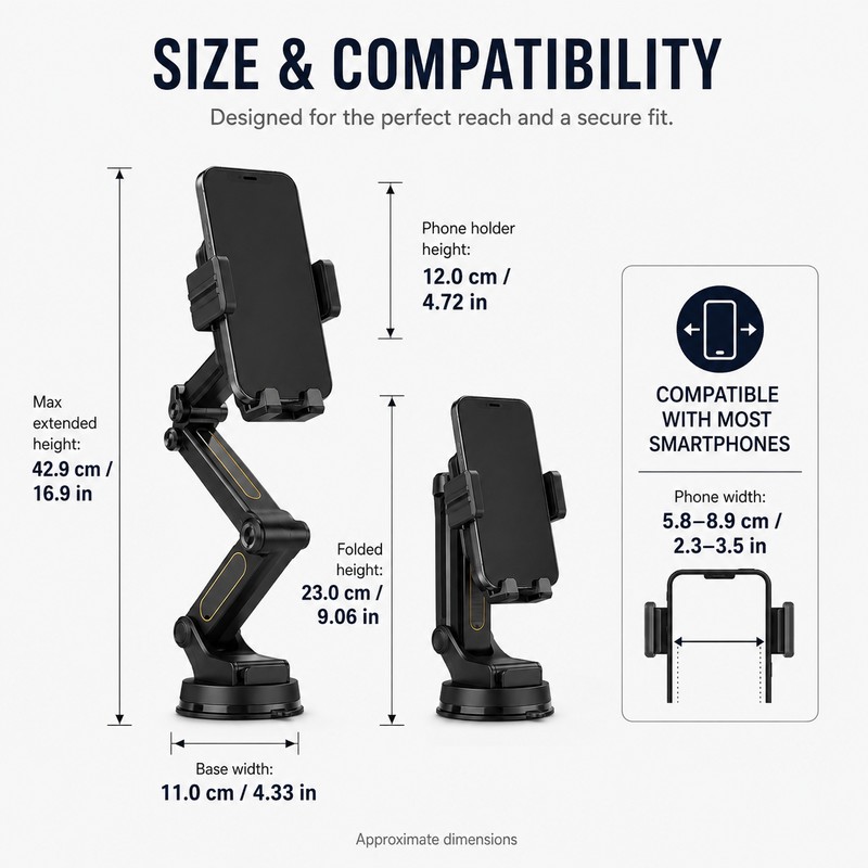 Long-Arm Car Phone Holder with Suction Cup – 16.9-Inch Adjustable