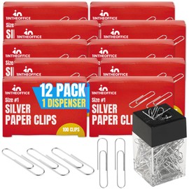 1InTheOffice Paper Clip Dispenser, Magnetic-Top, #1 Standard Size, Desktop Dispenser Smooth Finish, Silver, 100/Box 12 Pack