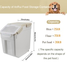 AnRui Dog Food Storage Container with Scoop, Large Airtight Plastic Pet Dog Cat Dry Food Bin, Cereal Grain Organizer Box for Rice, Flour, Snack, Baking Supplies, Kitchen Pantry, 20lb, Grey