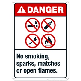 Sigo Signs, No Smoking, Sparks, Matches Or Open Flames Sign, ANSI Danger Sign, 10x14 Inches, 55 mil Thick HDPE (high Density polyethylene), Made in USA