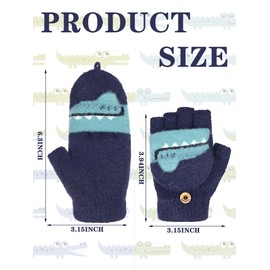 SATINIOR 2 Pairs Winter Kids Fingerless Gloves Toddler Finger Mittens Knit Convertible Half Finger Mitten Flap Aged 3-10(Navy Blue, Dark Grey,Crocodile)