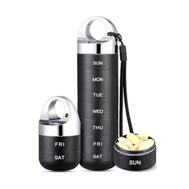 Extra Large Portable 7-Day Weekly Pill Organizer, Waterproof Aluminium Alloy Pill Box with Keychain, Metal Travel Pill Case, Black