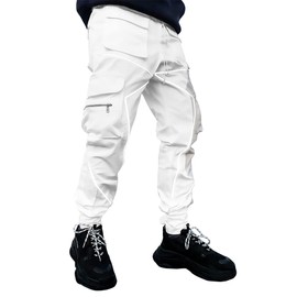BOOMLEMON Men's Cargo Jogger Pants Reflective Technical Hip Hop Harem Pants Punk Streetwear Tactical Track Pants(White S)