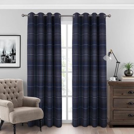 always4u 100% Blackout Woolen Look Plaid Curtains Modern Window Panels Navy Blue Checkered Tartan Curtains for Living Room Bedroom 2 Panels Navy Blue 45 * 95 Inches