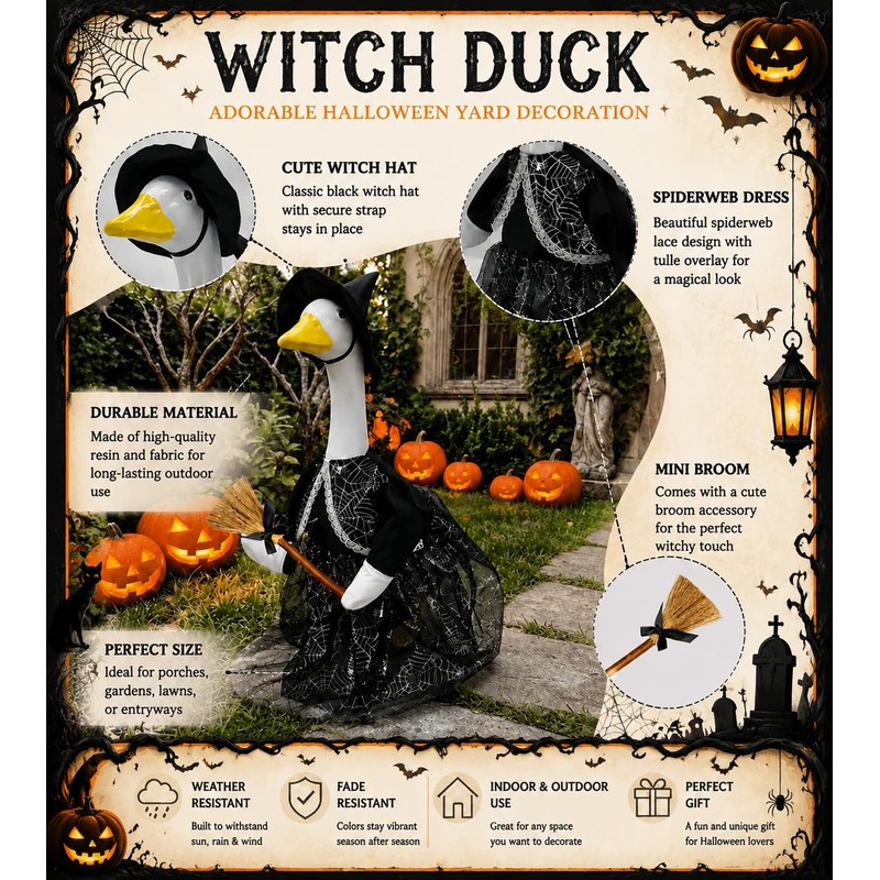Halloween Goose Outfit Clothes,Hat,Skirt,Broom, Set for 23 Inch Cement Geese