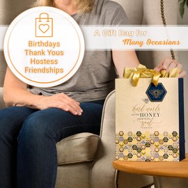 Christian Art Gifts Medium Portrait Inspirational Scripture Gift Bag, Tag & Wrapping Tissue Paper Set for Women: Kind Words are Like Honey Bible Verse, Soft White, Yellow, Gold & Navy, Cute Bumblebee