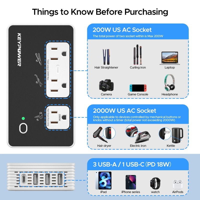 Key Power 2000W Step Down Converter, 220V to 110V International