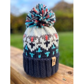 Navy patterned beanie with pom pom | Navy knitted beanie hat | Winter hat with pom pom | Bobble hat | Navy beanie