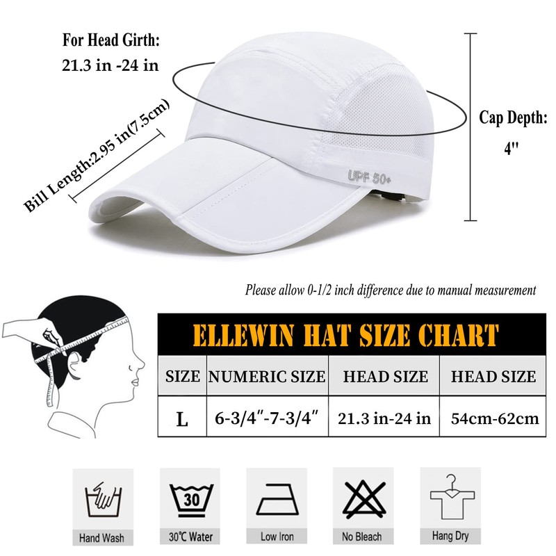 ELLEWIN Men's Baseball Cap UPF50 Hat W/Foldable Long Large Bill,One