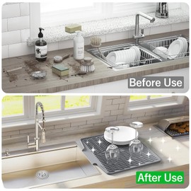 Silicone Drying Mat for Kitchen Counter, 3 Pcs Non-Slip Dish Drying Mat Set with Board Drain, 15.8"×13" Heat Resistant Stone Drying Mat(Grey)