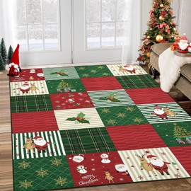 RUGSREAL Christmas Area Rug 8x10 Non Slip Washable Rug Xmas Snowman and Snowflake Area Rug Low Pile Ultra Thin Indoor Throw Carpet Rug for Laundry Dining Room, Red/Green