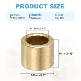 MECCANIXITY Sleeve Bearings,12mm Bore x 16mm OD x 10mm Length Self-Lubricating Cast Brass Bushing Plain Shaft Bearings for Sliding Movements Parts of Machinery(Gold Tone, Pack of 4)