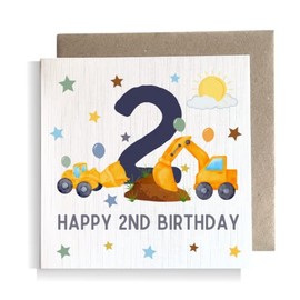Second Ave 2nd Birthday Age 2 Children's Kids Baby Digger Square Card For Boy or Girl Birthday