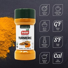 Badia Organic Turmeric Powder, 7 oz – Rich in Curcumin, Perfect for Cooking, Smoothies, and Wellness