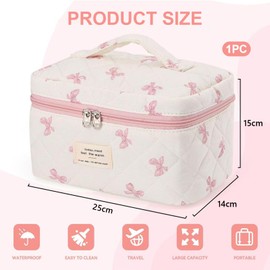 FloralGrace Bow Make Up Bag Organizer, Bow Travel Make Up Bag for Women, Quilted Cosmetic Bag for Women, Cute Make Up Bag for Teen Girls