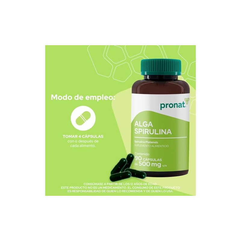 PRONAT | Alga Spirulina 100% Pura, Suplemento Alimenticio, 90 cápsulas