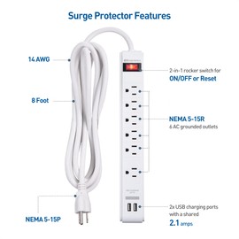 [ETL Listed] Cable Matters 2-Pack 6-Outlet Surge Protector Power Strip with USB Ports, 8 ft, Long Extension Cord, Surge Protector with USB Ports in White