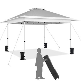 Yaheetech 13x13 Pop Up Canopy Tent, Straight Leg Easy Set-up Height-Adjustable Folding Shelter w/Extending Eaves Set W/Sandbags & Rolling Storage Bag & Ground Anchors & Guy Lines，Light Gray/White