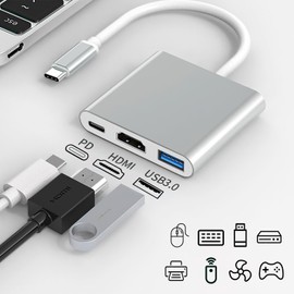 Taekooki 3-IN-1 USB C HDMI Adapter, HDMI+USB 3.0+USB-C Ports, USB C auf HDMI Adapter, für TV Adapter, USB C auf HDMI, Multiport Digital AV mit 4K HDMI, USB-A 3.0, 3in1 Plug and Play HDMI USB C
